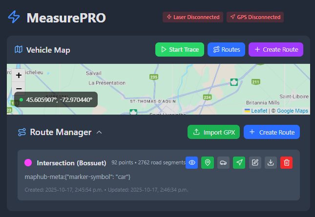 MeasurePRO GPS route tracking with logged measurement points