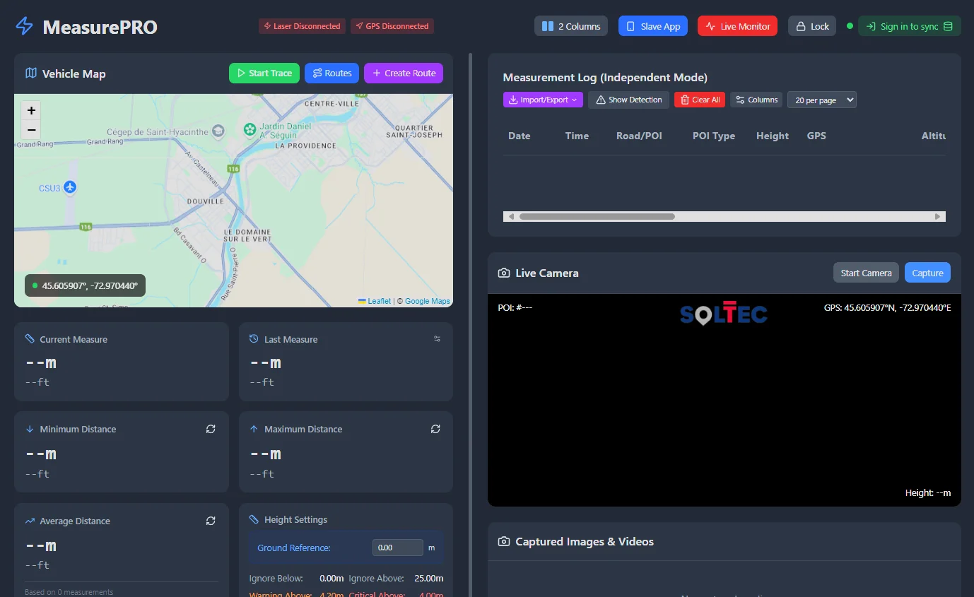 MeasurePRO field dashboard — vehicle map, measurement cards, measurement log and live camera during a survey